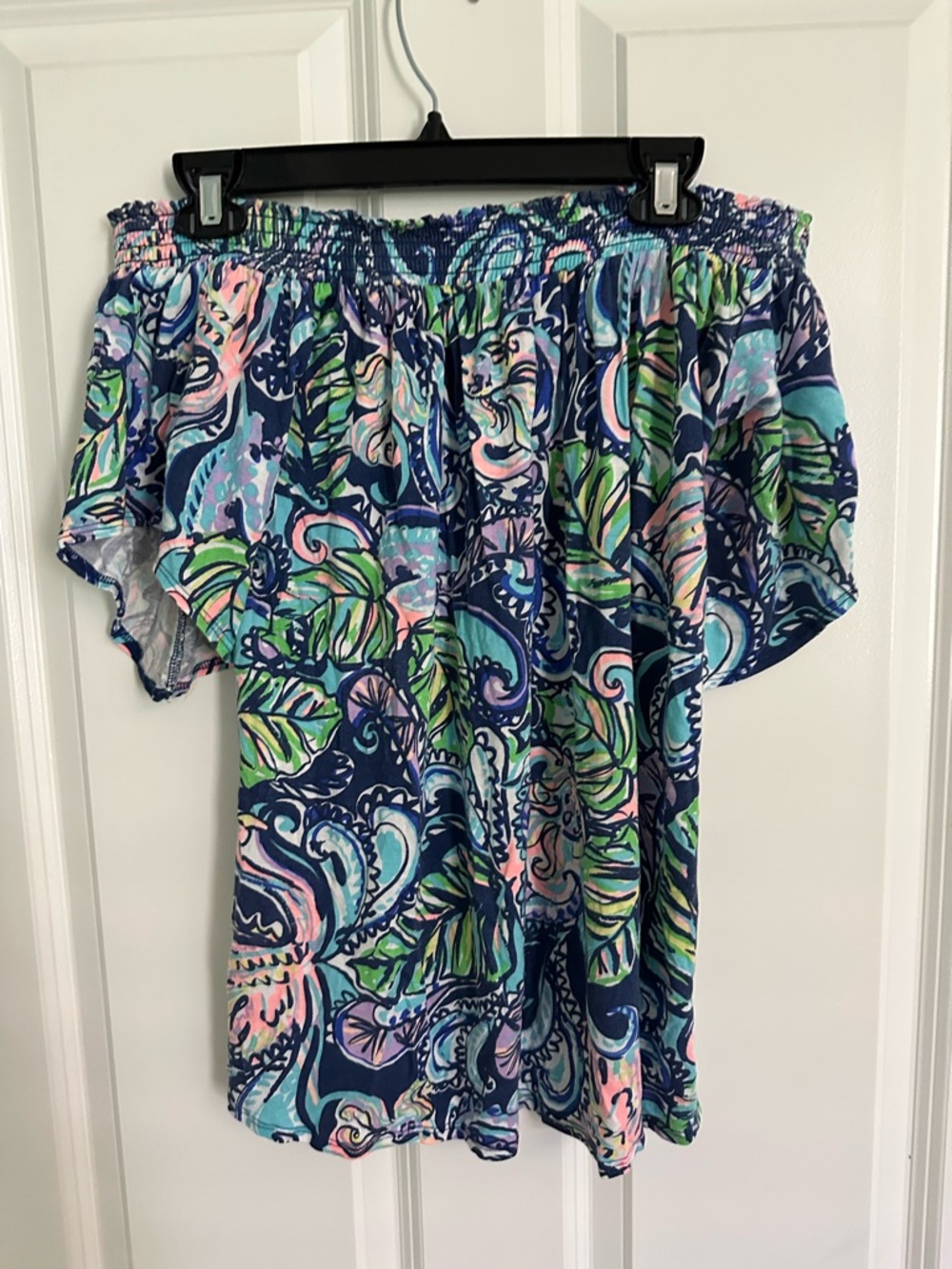 Lilly Pulitzer Off-Shoulder Tropical Print Blouse — Navy, Teal, Pink, Green